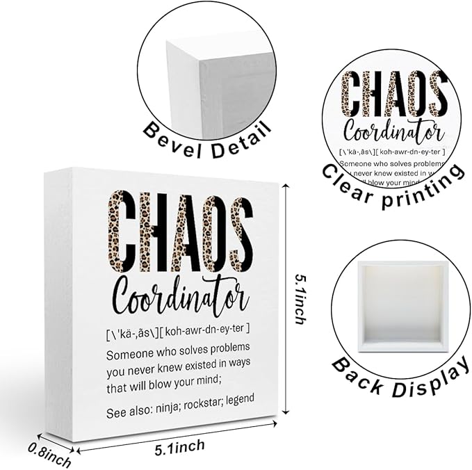 Funny Chaos Coordinator Gifts Office Decor, Leopard Chaos Coordinator Wooden Box Sign, Thank You Gifts, Home Farmhouse Table Shelf Desk Decor Accessories, Appreciation Gifts for Coworkers Colleague