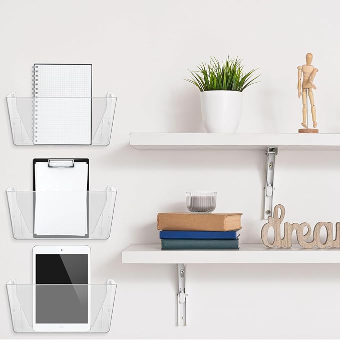 Tenceur 12 Pcs Plastic Single Pocket Wall Mount File Holder with Double Sided Adhesive Tape and Screws Wall File Hanging Folder Letter Paper Mail Organizer for Office Home Classroom (Clear)