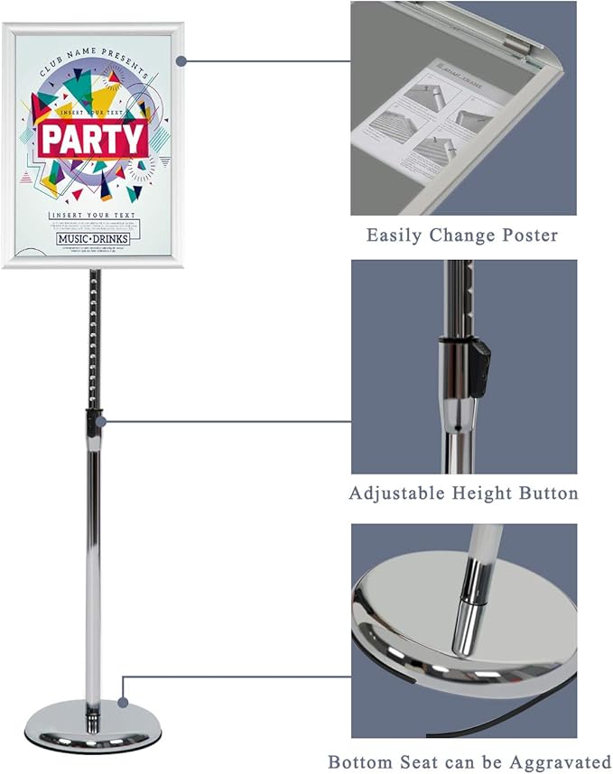 VAIIGO Pedestal Poster Stand, Adjustable Aluminum 11 x 17 Floor Standing Holder for Vertical and Horizontal View Sign Display, Silver
