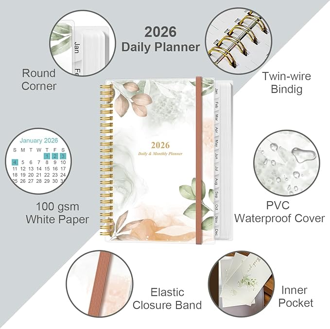 2026 Daily & Monthly Planner - One Page Per Day, Daily Planner 2026 from January 2026 to December 2026, Planner 26 with 12 Monthly Tabs, 6.4" x 8.5", Rose Leaf