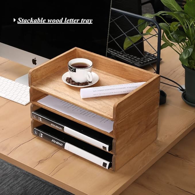 DDYURI Wood Stackable Paper Trays for Office Supplies and Accessories - Desk Organizer Tray for Letter Document Magazine -Wooden Desktop File Folder Holder Shelf 2 Set Light(2CTP-LT)