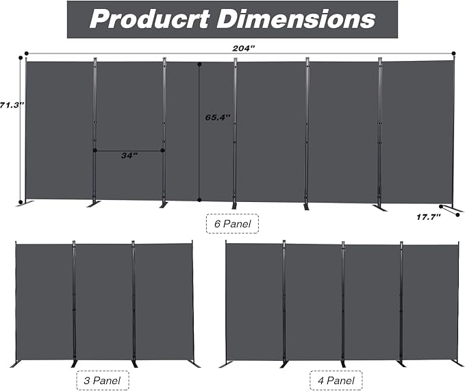CHOSENM Room Divider, 6 Panel Folding Privacy Screens with Wider Support Feet, 6 Ft Portable Room Partition for Room Separator, 204" W X 71" H, Grey