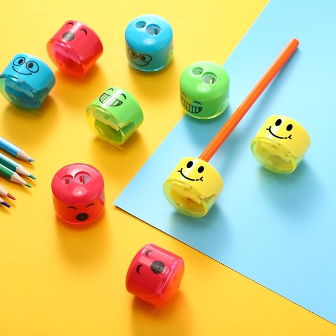 Crtiin 24 Pcs Back to School Pencil Sharpeners for Kids Cartoon Smile Small Pencil Sharpener Handheld Manual Dual Holes Gifts for School Office Art Room