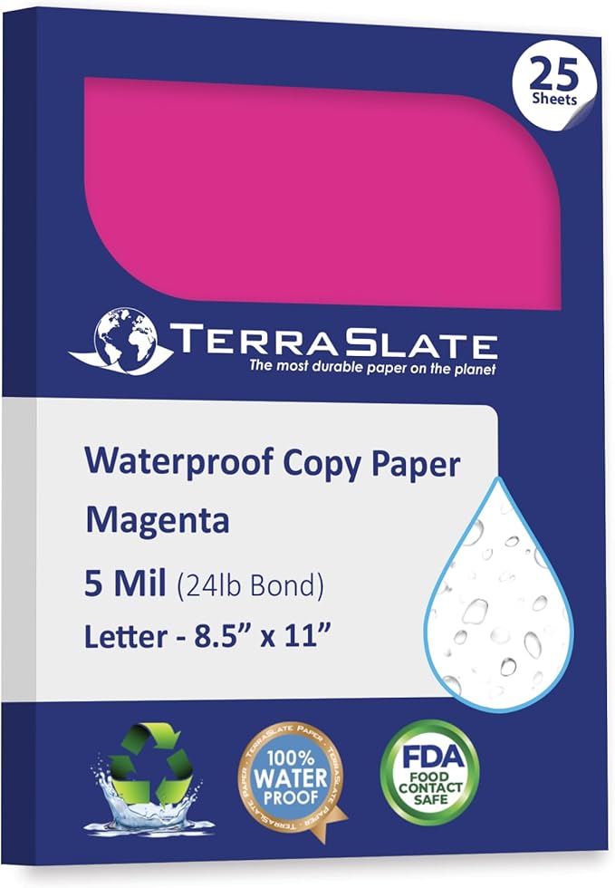 TerraSlate Waterproof Paper, Rip-Proof Colored Paper, Magenta Pink, 25 Sheets, 5 MIl (24 lb Bond), 8.5" x 11", Laser Printer and Copy Machine Compatible