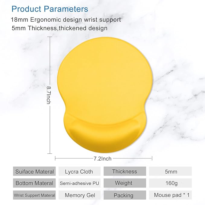 ITNRSIIET Ergonomic Mouse Pad with Gel Wrist Support Small Wrist Rest Smooth Surface Non-Slip PU Base Comfortable Office Supplies Pain Relief, 8.7 x 7.2 inches, Apricot Yellow
