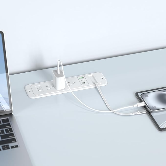 Recessed Power Strip with Retractable USB C Cable,2 PD 20W USB C,Flush Mount Countertop Drawer Outlet, Furniture Hidden Outlet for Side Table,End Table,3 Outlets (White, 6FT-20W USB)