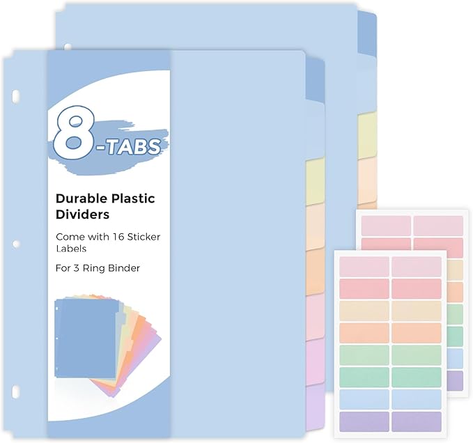 SKYDUE Durable Plastic 8-Tab Dividers,2sets,Big Tab Dividers for 3 Ring Binder, Write&Erase 3 Ring Binder Dividers with Tabs,with Sticker Labels