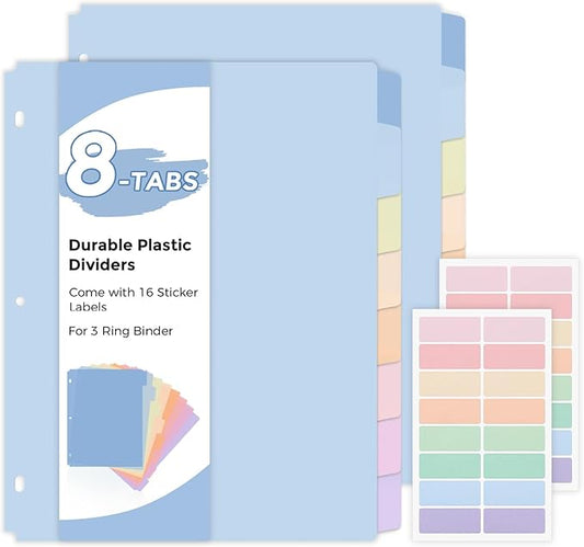 SKYDUE Durable Plastic 8-Tab Dividers,2sets,Big Tab Dividers for 3 Ring Binder, Write&Erase 3 Ring Binder Dividers with Tabs,with Sticker Labels