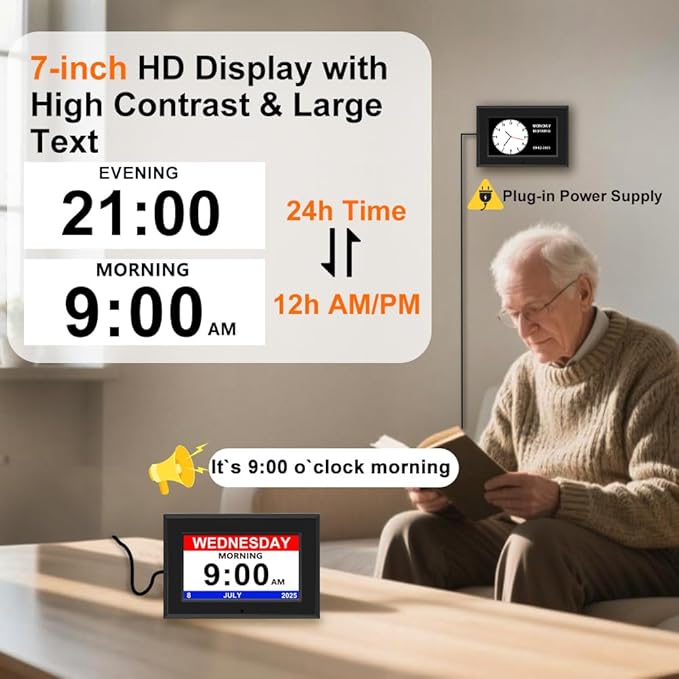 MYFMLI Digital Alarm Clock for Seniors - No-Abbreviation Date HD Display Auto Dimming Photo FrameWhite Noise DST Adjustment, Ideal Gift for Elders (7inch Black)