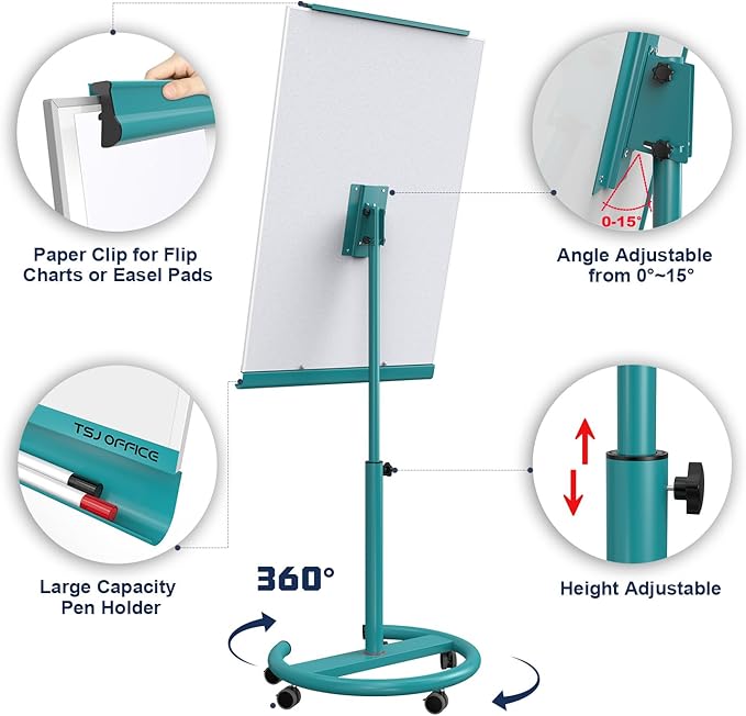 TSJ OFFICE Rolling Whiteboard Standing - 40 x 26 Inches Magnetic Mobile White Board with Stand, Height Adjustable Dry Erase Board on Wheels with Paper Clamp on Top, Blue