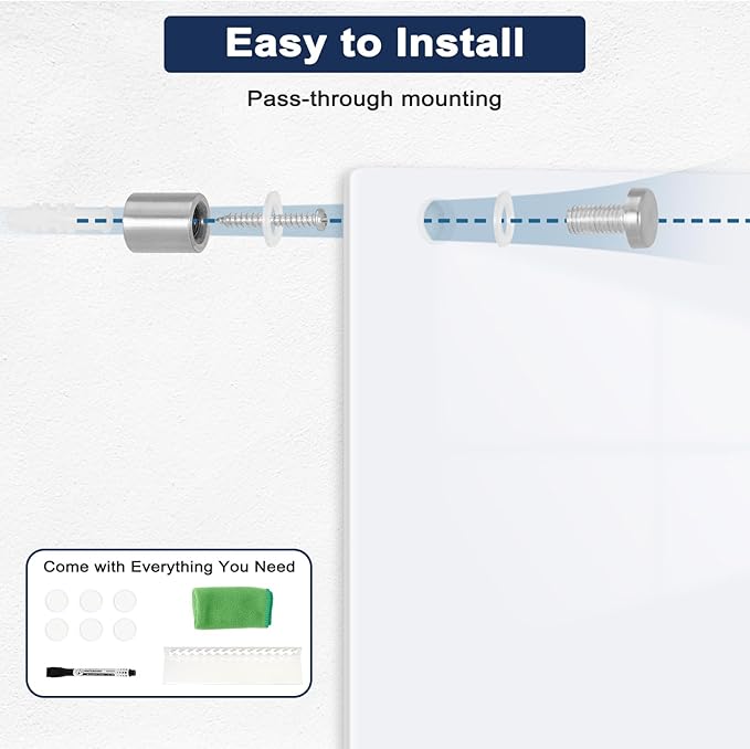 Magnetic Glass Whiteboard, 24" x 18" Dry Erase Board for Wall, Frameless White Board with 1 Marker Tray and 3 Magnets for Office, Home, Classroom -Ultra White