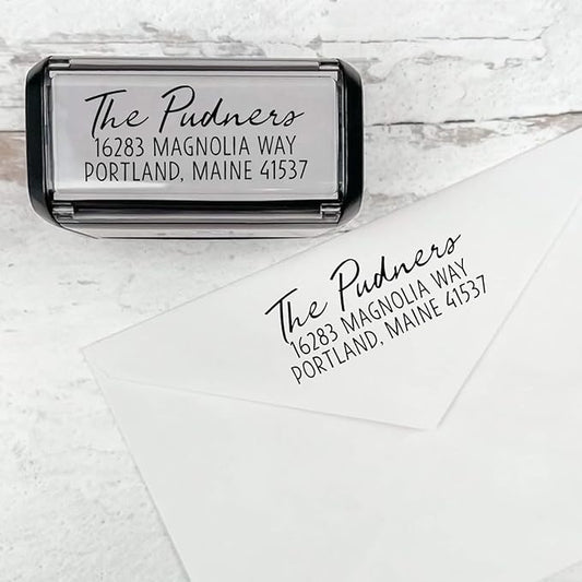 Self Inking Modern Address Stamps | Custom Return Address Stamper (Relaxed Script, Large)