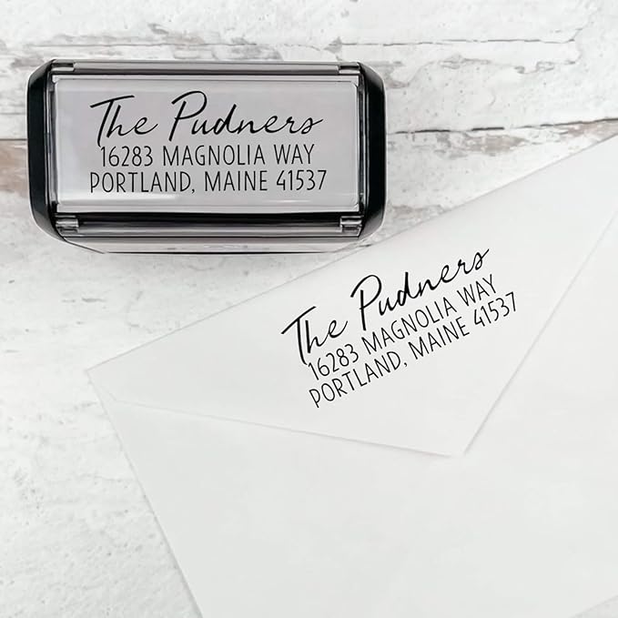 Self Inking Modern Address Stamps | Custom Return Address Stamper (Relaxed Script, Xtra Wide)