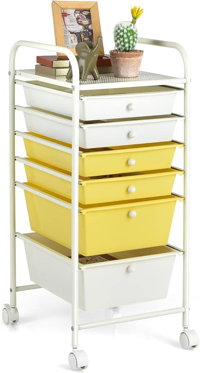 RELAX4LIFE 6-Drawer Rolling Storage Cart - Classroom Organization on Wheels w/Removable Plastic Drawers, Mobile Art Craft Cart for School Paper Home Office, Utility Cart with Drawers (Yellow)