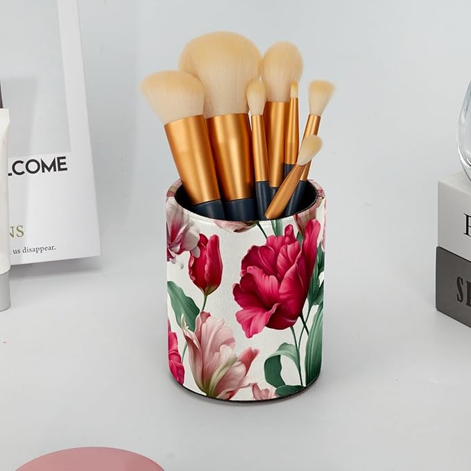 Leather Pen Holder for Desk Tulips Pattern Pencil Cup Desktop Organizer Makeup Brush Holders Office Supplies for Home, Kids & School