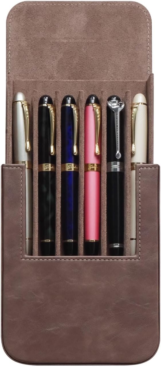 MIVLXLX Leather 6 Fountain Pen/Pencil Tray Case, Handmade, Magnetic Closure with Drawer Design, Gift Choice for Man/Woman/Office, 6 Slots（gray）