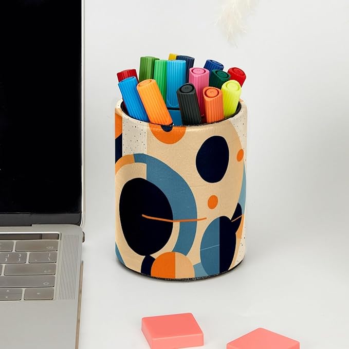 Leather Pen Holder for Desk Geometric Cube Pattern Pencil Cup Desktop Organizer Makeup Brush Holders Office Supplies for Home, Kids & School