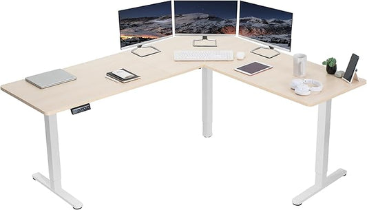 VIVO Electric Corner 75 x 63 inch L-Shaped Standing Desk, Memory Height Adjustment, Light Wood Top White Frame, DESK-E3CTC-75