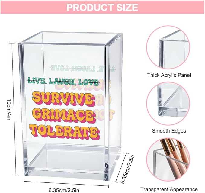 Vgrti Live Laugh Love Funny Anti Cliche Acrylic Cosmetic Pencil Pen Holder Cup, Funny Sarcastic Desk Acrylic Brushes Storage Gifts for Woman Friend Colleague Boss Teacher, Daughter Graduation Gifts