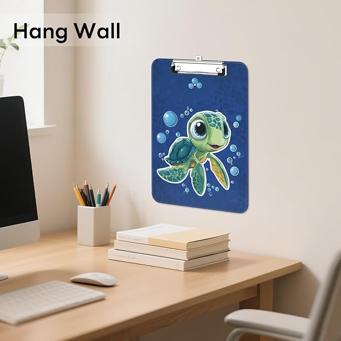 Luminzo Plastic Cute Clipboard Low-Profile Metal Clip, A4 Letter Size 9 x 12.5 in, 8.5 x 11 Paper Clip Board for Teachers, Nurses, Classroom,Cute Turtle
