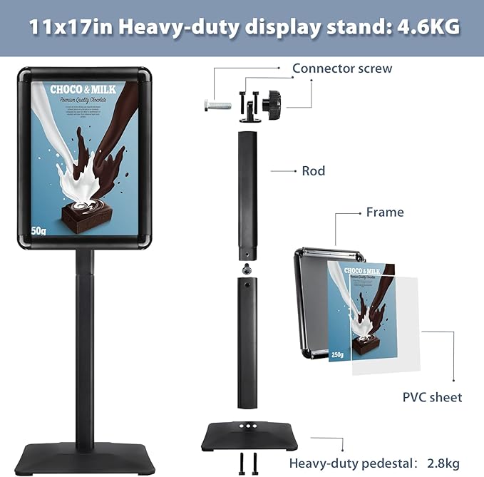 STANDNEE Heavy-duty Poster Stand Holder 11"x 17" Pedestal Floor Standing Sign Holder Vertical and Horizontal View Sign Display, Aluminum Snap Open Frame with Safety Corner, Black