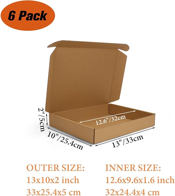 PHAREGE 13x10x2 inch Shipping Boxes 6 Pack Brown, Tab Lock Tuck Top Mailer Boxes for Packaging Small Business, Medium Cardboard Gift Boxes for Wrapping Mailing Present