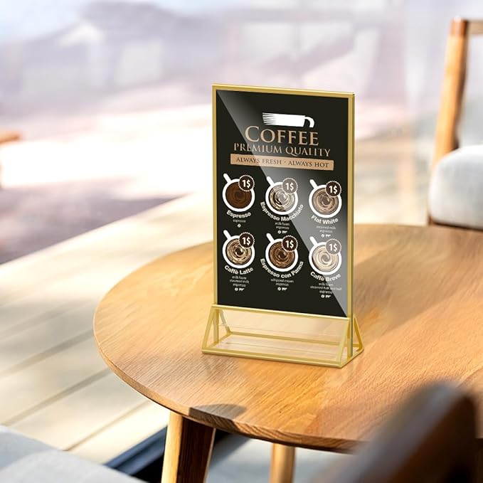 8.5 x 5.5 Acrylic Sign Holder with Gold Frame, Double Sided Display Stand Ideal for Display Wedding Table Numbers, Picture, Flyer Menu Holder, 6 Packs