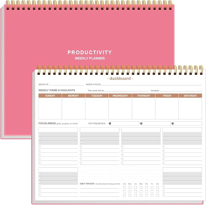 Weekly Productivity Planner - 8.5" x 11" Dashboard Desk Notepad Has 6 Focus Areas to List Tasks for Goals, Projects, Clients, Academic or Meal-Organize Your Daily Work Efficiently, 54 Weeks, Pink