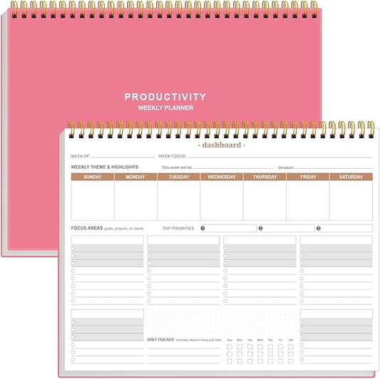 Weekly Productivity Planner - 8.5" x 11" Dashboard Desk Notepad Has 6 Focus Areas to List Tasks for Goals, Projects, Clients, Academic or Meal-Organize Your Daily Work Efficiently, 54 Weeks, Pink
