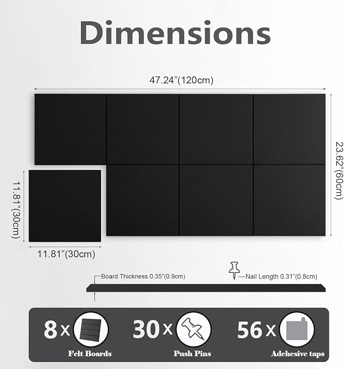 G Gamit Large Felt Wall Tiles Bulletin Board,Large Cork Board Alternative with 30 Pushpins,8-Pack Felt Pin Board with 56 Safe Removable Adhesive Tabs for Home Office School (Black)
