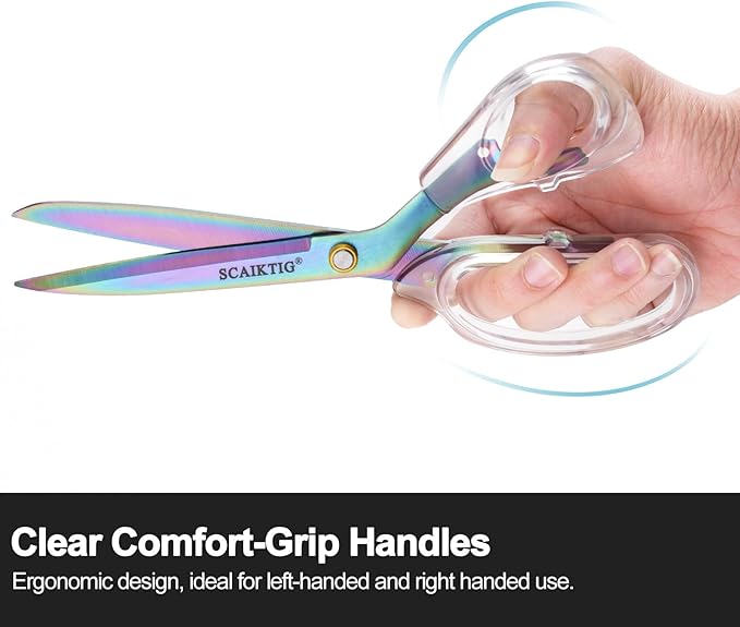 SCAIKTIG Acrylic Scissors, 4-Pack (9.4"/8"/6.8"/4"), Clear Comfort-Grip Handles, Titanium Coated Blades, Sharp, Heavy Duty, Ambidextrous, Transparent + Rainbow