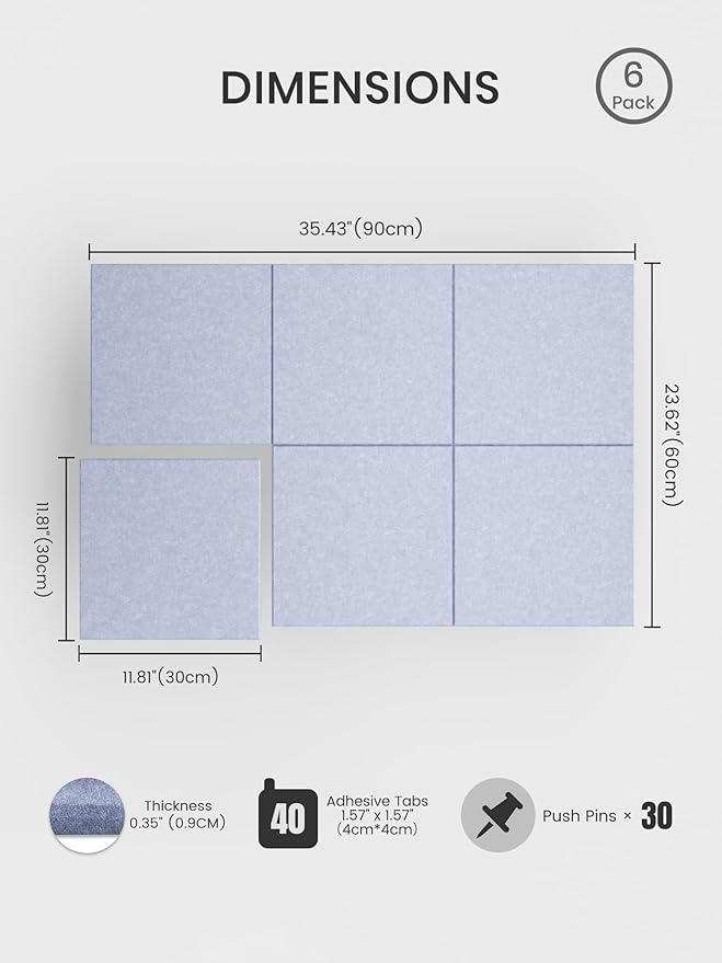 Bumusty Large Cork Board 36"x24" Alternative - 6 Pack Felt Wall Tiles with 40 Safe Removable Adhesive Tabs, 30 Pushpins, Cork Boards for Walls Pin Board Bulletin Board Office Decor (Soft Periwinkle)