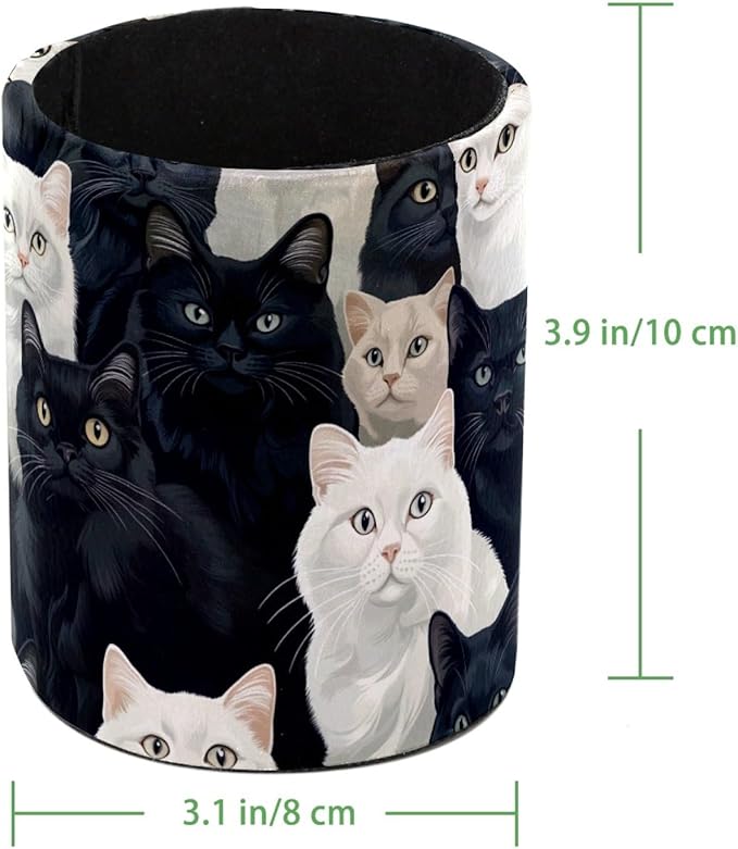 Leather Pen Holder for Desk, Black and White Cats Pencil Cup Desktop Organizer Makeup Brush Holders Office Supplies for Home, Kids & School