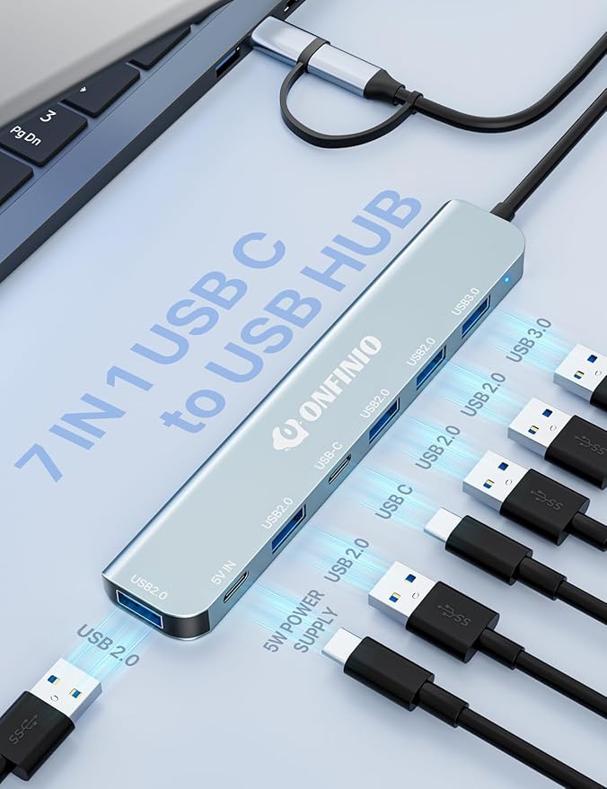 ONFINIO USB C/USB Hub Multiport Adapter,7 in 1 Aluminum USB 3.0 Hub with 1 *USB 3.0, 4*USB 2.0,1*USB C and 1 * 5IN Power Port for PC/Laptop/MacBook/iPad Pro and More Devices
