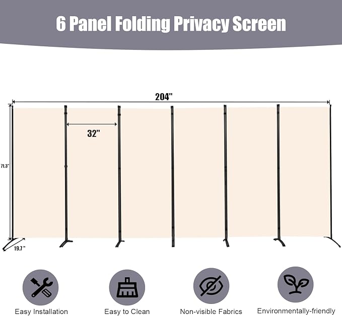 Room Divider 6FT Folding Privacy Screens, 6 Panel Partition Room Dividers w/Freestanding Design, Portable Wall Divider for Room Separtation, Fabric Screen Panel for Home Office Bedroom Dorm