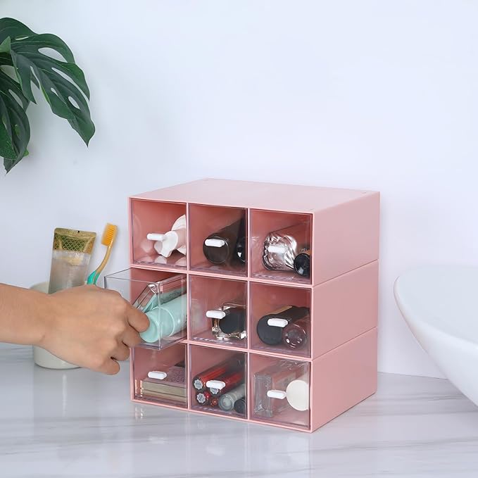 OSteed Desktop Drawers, Desk Organizer with 9 Drawers, Stackable Plastic Storage Box for Home Collection, Cosmetics, Jewelry, Office Supplies (3 Tiers, Pink)