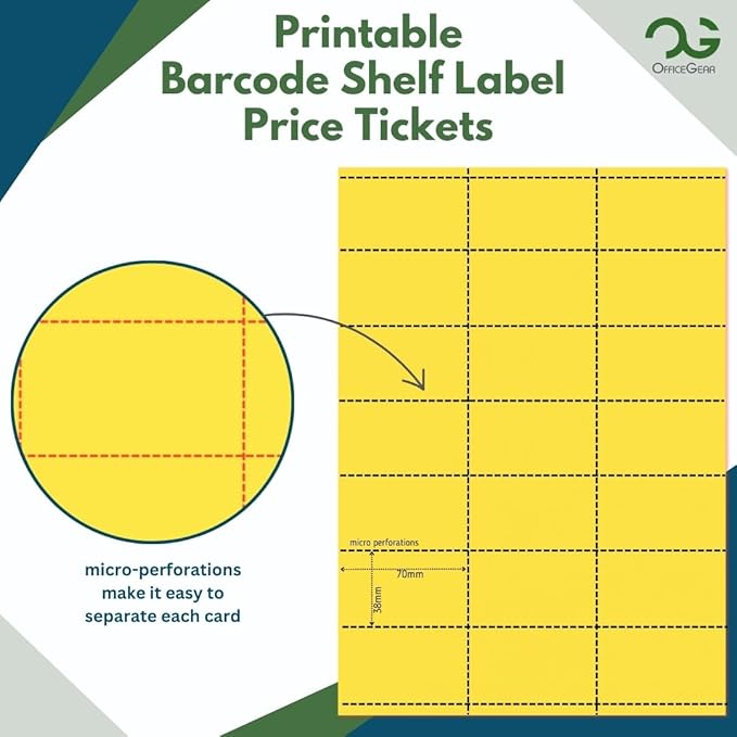 OfficeGear Yellow Shelf Edge Labels 21-up [525 Pack] 38x70mm Printable A4 Card Perforated Labels/Sheet for Retail Barcodes, Price Stickers, Point of Sale, Product Info, Shelf Promotions Incl Template