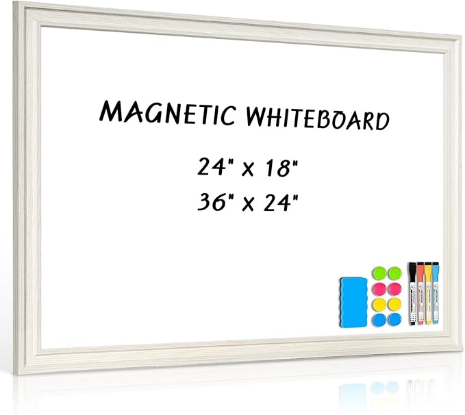 Large White Board for Wall, 36'' x 24'' Magnetic Dry Erase Board, Decorative Whiteboard, White Vintage Wooden Frame
