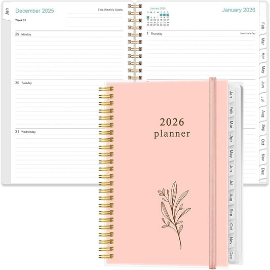 2026 Planner - Planner 2026 from January 2026 to December 2026, Weekly & Monthly Planners Spiral Bound with 12 Monthly Tabs, Inner Pocket, 6.4" x 8.5", Pink