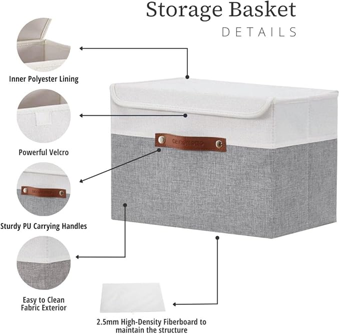 DECOMOMO Fabric Storage Bins with Lid, Storage Baskets for Shelves (Grey and White, 3 Pack)