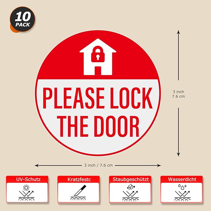 YIKIADA Please Lock The Door Sticker 3 × 3 Inches Vinyl Self-Adhesive Decals Waterproof Close Door Warning Labels Gate Office Window Indoor Clings 10 Pack