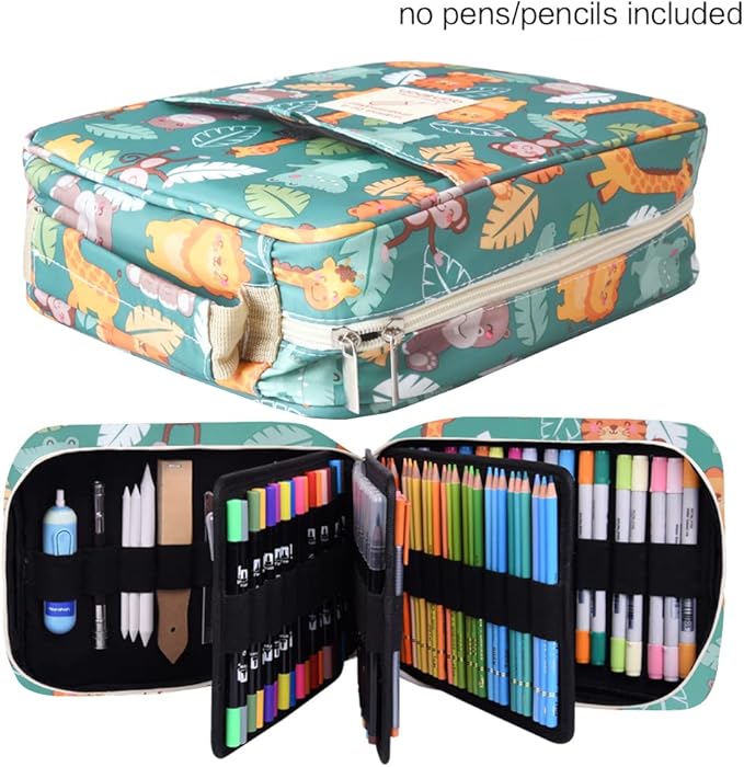 qianshan Pencil Case Holder Slot - Holds 202 Colored Pencils or 136 Gel Pens with Zipper Closure - Large Capacity Pen Organizer for Watercolor Pens or Markers - Perfect for Artist Durk Green Zoo
