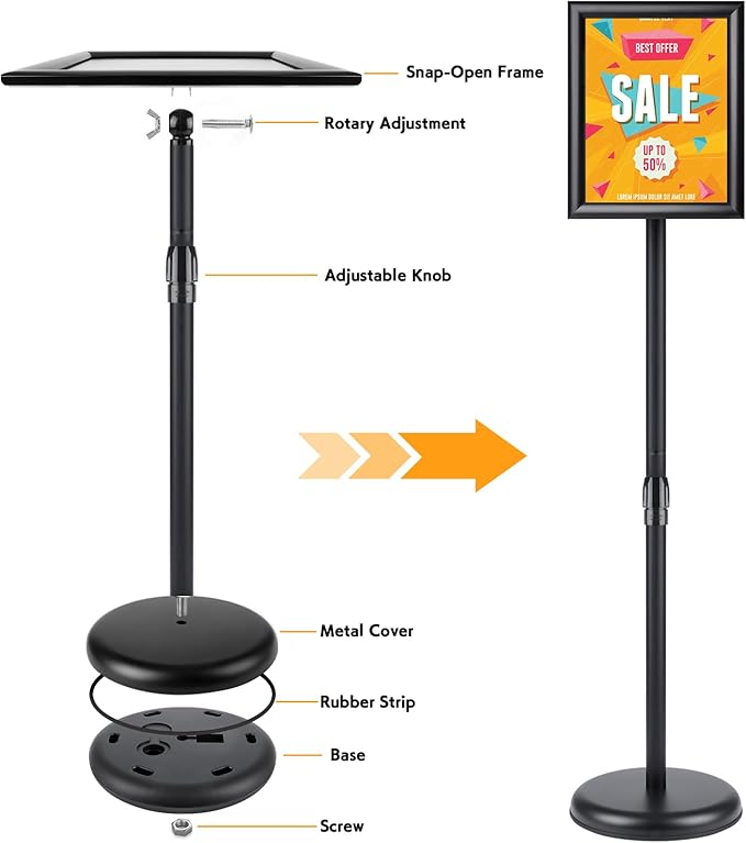 RedChili Sign Holder Stand 8.5x11 Inch, Adjustable Floor Standing Sign Holder Signage Stand with Aluminum Snap-Open Frame Vertical Horizontal View Display For Malls Schools Restaurants (Black, Sharp Corner)