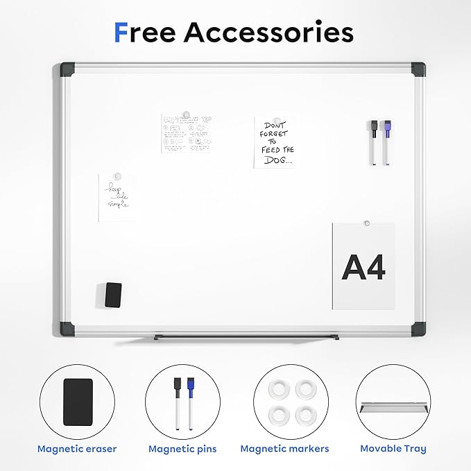 VUSIGN Magnetic Whiteboard 48" x 36", Large Dry Erase Board for Wall with Silver Frame, Wall-Mounted White Board for Office, Classroom & Home, Includes Markers, Magnets and Eraser