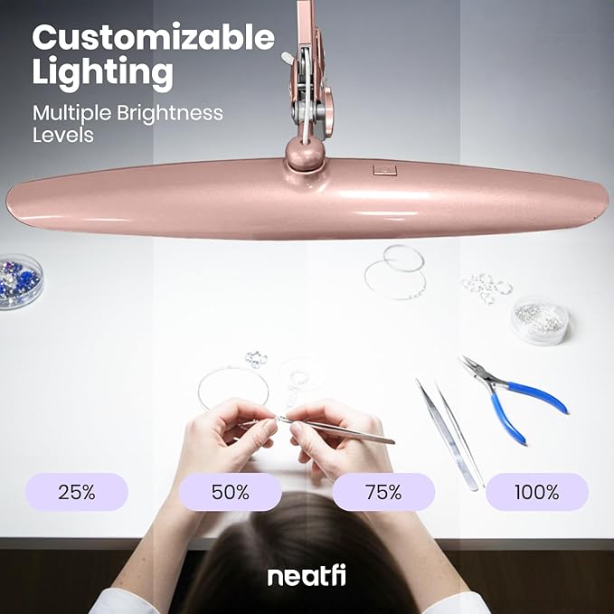 Neatfi XL 2,200 Lumens LED Task Lamp, 24W Super Bright Desk Lamp, 117 Pcs SMD LED, 4 Level Brightness, Dimmable, Task Light for Home, Office, Workbench (Non-CCT, Rose Gold)
