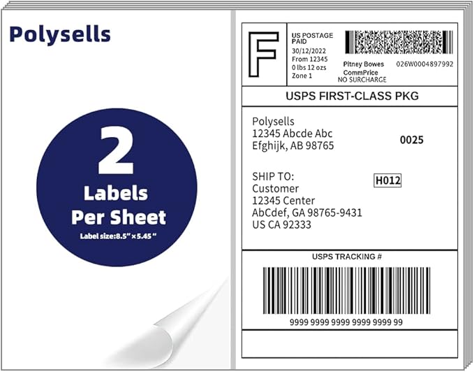 POLYSELLS Self Adhesive Address Shipping Labels, White Sticker FBA Labels (100 Sheets, 8.5" x 5.5" (2UP))