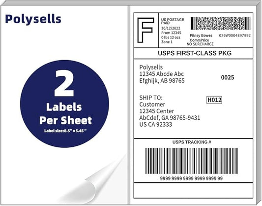 POLYSELLS Self Adhesive Address Shipping Labels, White Sticker FBA Labels (100 Sheets, 8.5" x 5.5" (2UP))