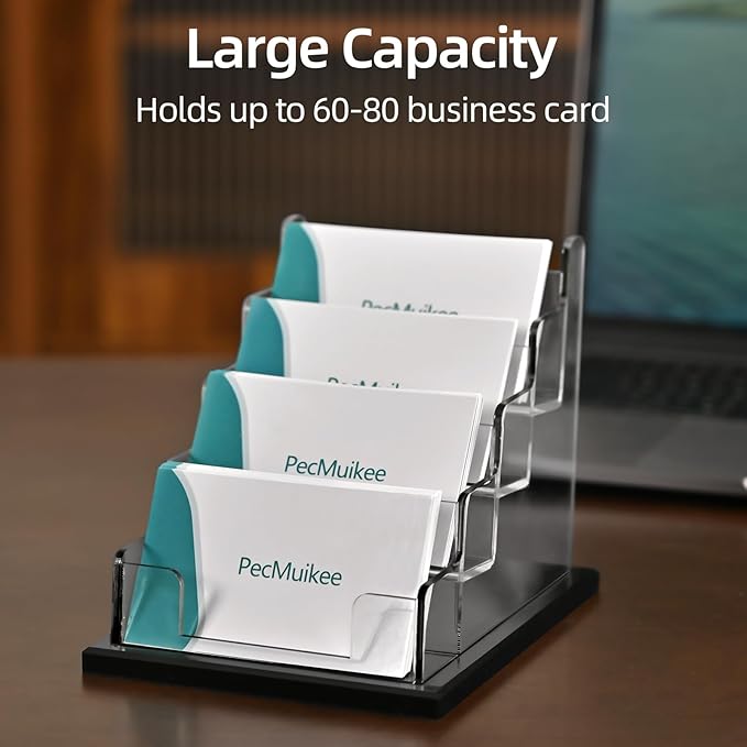 PecMuikee Business Card Holder for Desk，Acrylic Business Card Display Stand,Multiple Business Card Holders for Office, Exhibition, Home, Restaurant 4 Slot 1pcs Tier
