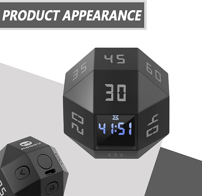 Mini 12-Sided Cube Timer with preset countdowns of 1-3-5-10-15-20-25-30-45-60-90 Minutes, a Rechargeable time Management Efficiency Tool Suitable for ADHD Management, Study and Cooking (Black)