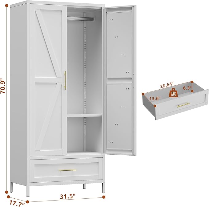 SUPEER Metal Wardrobe Cabinet with 1 Drawer and Hanging Rod, 70.9" H Metal Closet Cabient with Adjustable Shelf for Bedroom, Laundry Room, Home,Office,Installation Required,White
